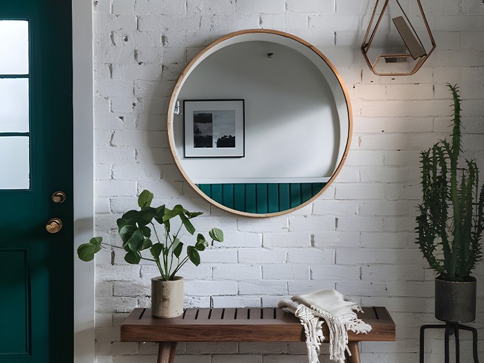 Mirror in entryway above a bench.